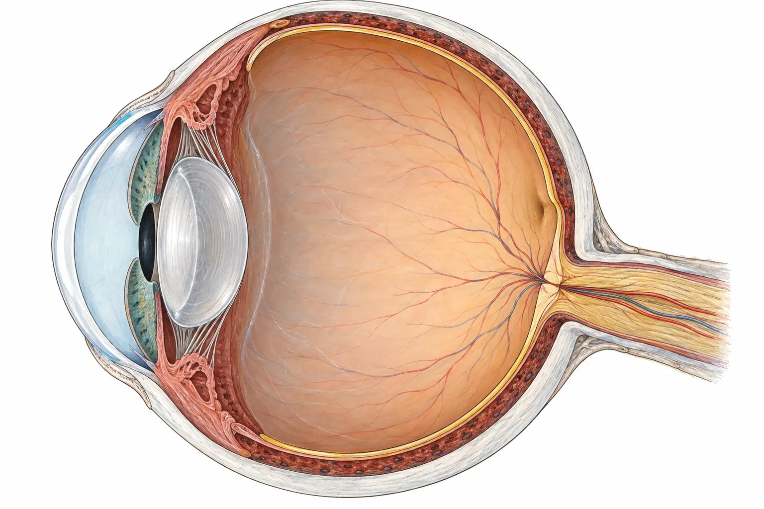 Globul ocular în secțiune laterală: corneea și irisul în față, cristalinul în spatele pupilei, corpul vitros în interior, retina, coroida și sclerotica pe perete și nervul optic care pleacă din spate.